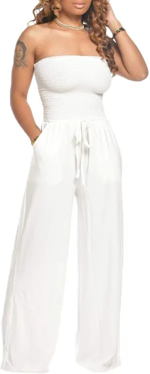ECDAHICC Women's Strapless Tube Top Rompers Casual Off Shoulder Solid Color Belted Wide Leg Jumpsuit with Pockets