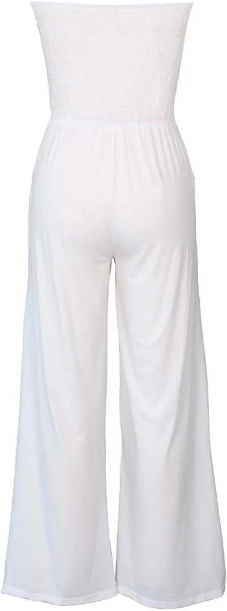 ECDAHICC Women's Strapless Tube Top Rompers Casual Off Shoulder Solid Color Belted Wide Leg Jumpsuit with Pockets