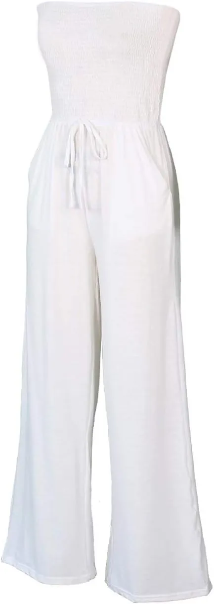 ECDAHICC Women's Strapless Tube Top Rompers Casual Off Shoulder Solid Color Belted Wide Leg Jumpsuit with Pockets