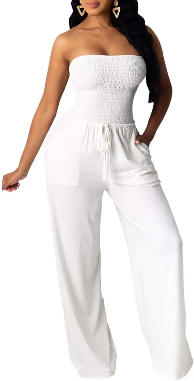 ECDAHICC Women's Strapless Tube Top Rompers Casual Off Shoulder Solid Color Belted Wide Leg Jumpsuit with Pockets