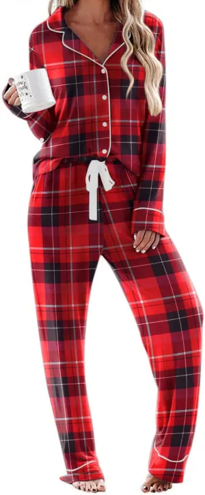 Ekouaer Plus Size Pajamas Long Lounge Top and Cotton Pants Set Winter Comfy Long Sleeve Loungewear Set (Christmas Plaid,XX-Large)