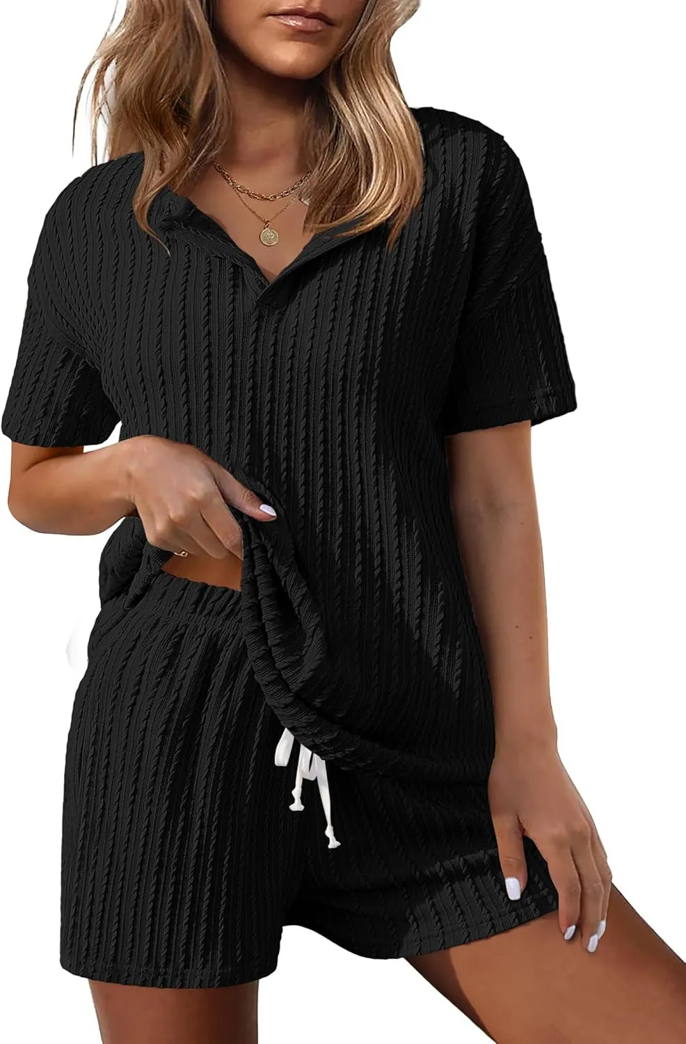 Ekouaer Ribbed Knit Lounge Sets for Women 2 Piece Outfits Short Sleeve Top and Shorts Pajama Sets Tracksuit Sweatsuits