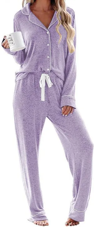 Ekouaer Womens Classic Button Up Loungewear Loose Casual Long Sleeve PJ Set with Pajama Pants Set Light Purple,X-Large