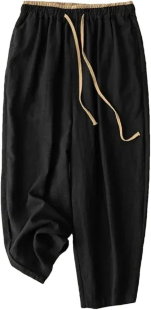 Elastic Drawstring Waist Casual Pants Cotton Linen Loose Harem Pants All-Match Wide-Leg Pants