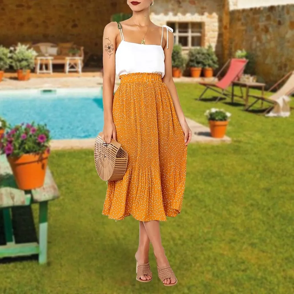 EXLURA Womens High Waist Polka Dot Pleated Maxi Skirt Midi Swing Skirt Beach Vacation Cruise Outfits with Pockets