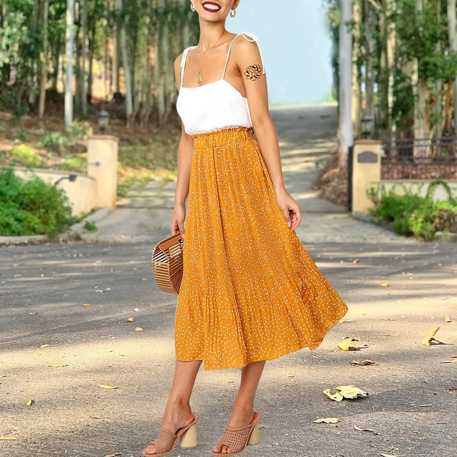 EXLURA Womens High Waist Polka Dot Pleated Maxi Skirt Midi Swing Skirt Beach Vacation Cruise Outfits with Pockets