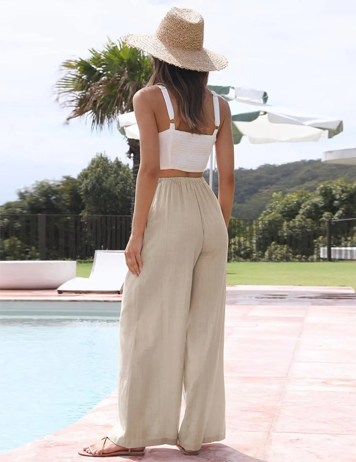 Faleave Women's Cotton Linen Summer Palazzo Pants Flowy Wide Leg Beach Trousers with Pockets