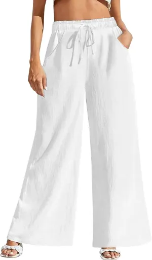 Fancysters Women Wide Leg Linen Pants, High Waisted Summer Casual Cotton Linen Palazzo Pants with Pockets