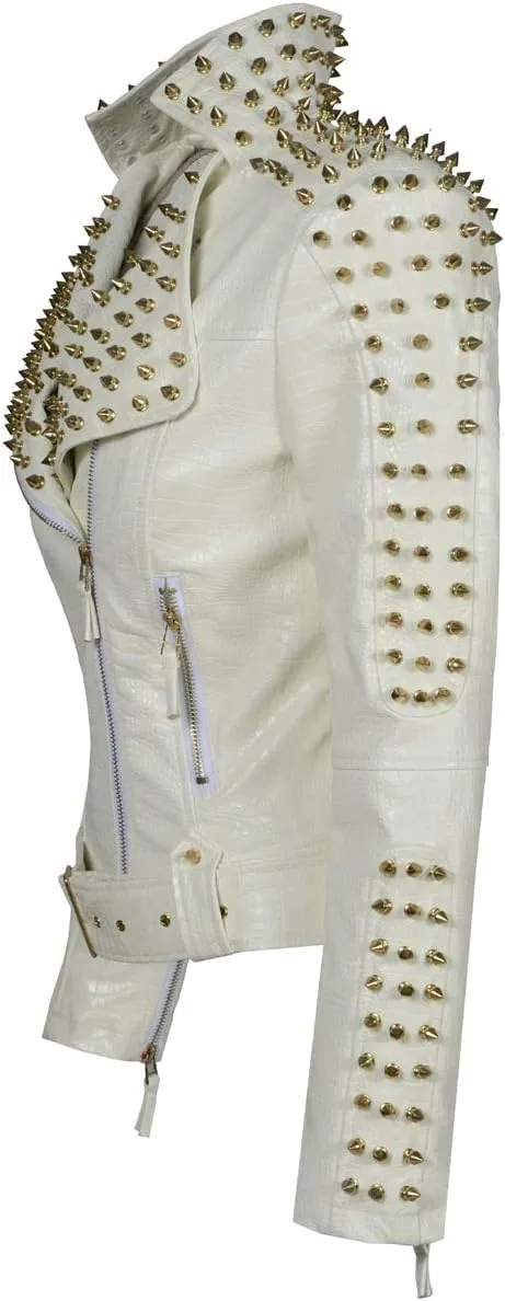 Fashion SX Women's Punk Studded Rivet Faux Leather Motorcycle Short Jacket