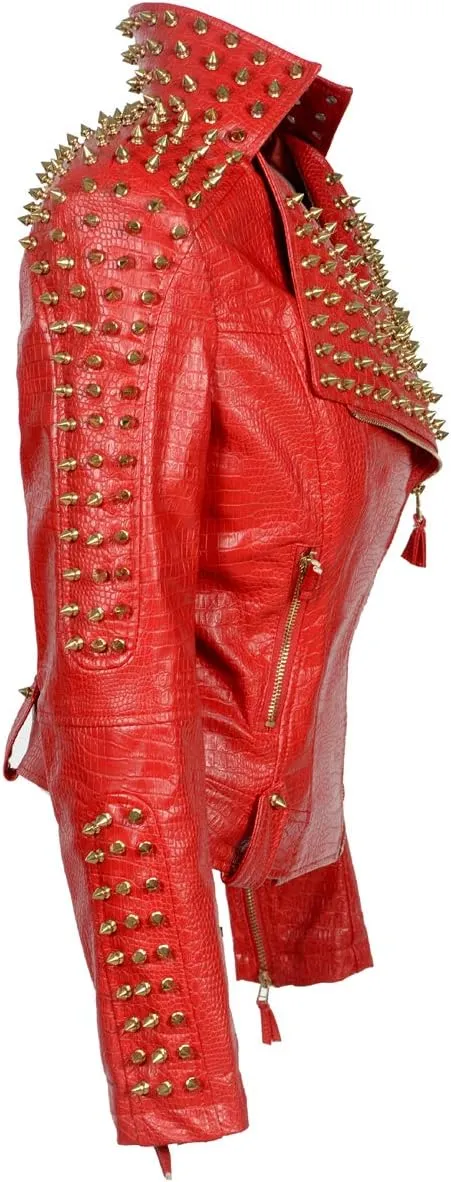 Fashion SX Women's Punk Studded Rivet Faux Leather Motorcycle Short Jacket