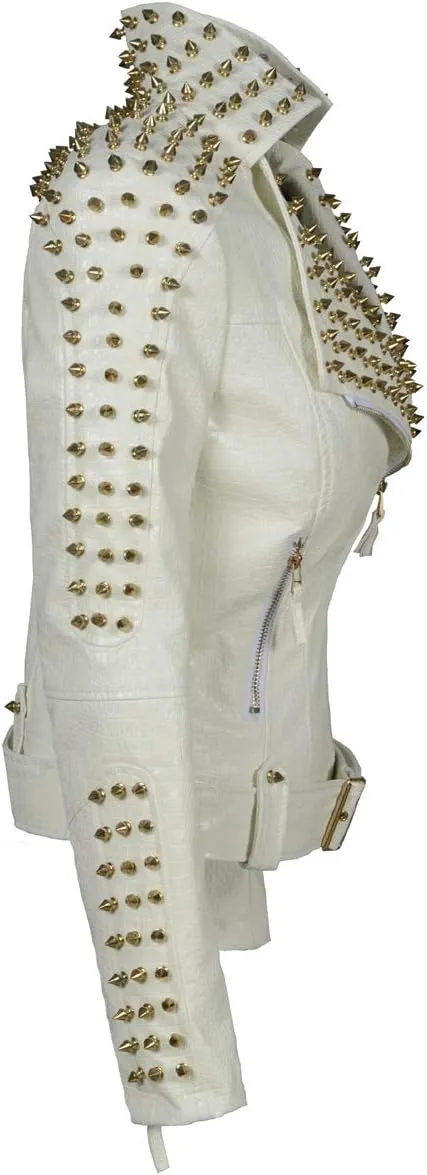 Fashion SX Women's Punk Studded Rivet Faux Leather Motorcycle Short Jacket