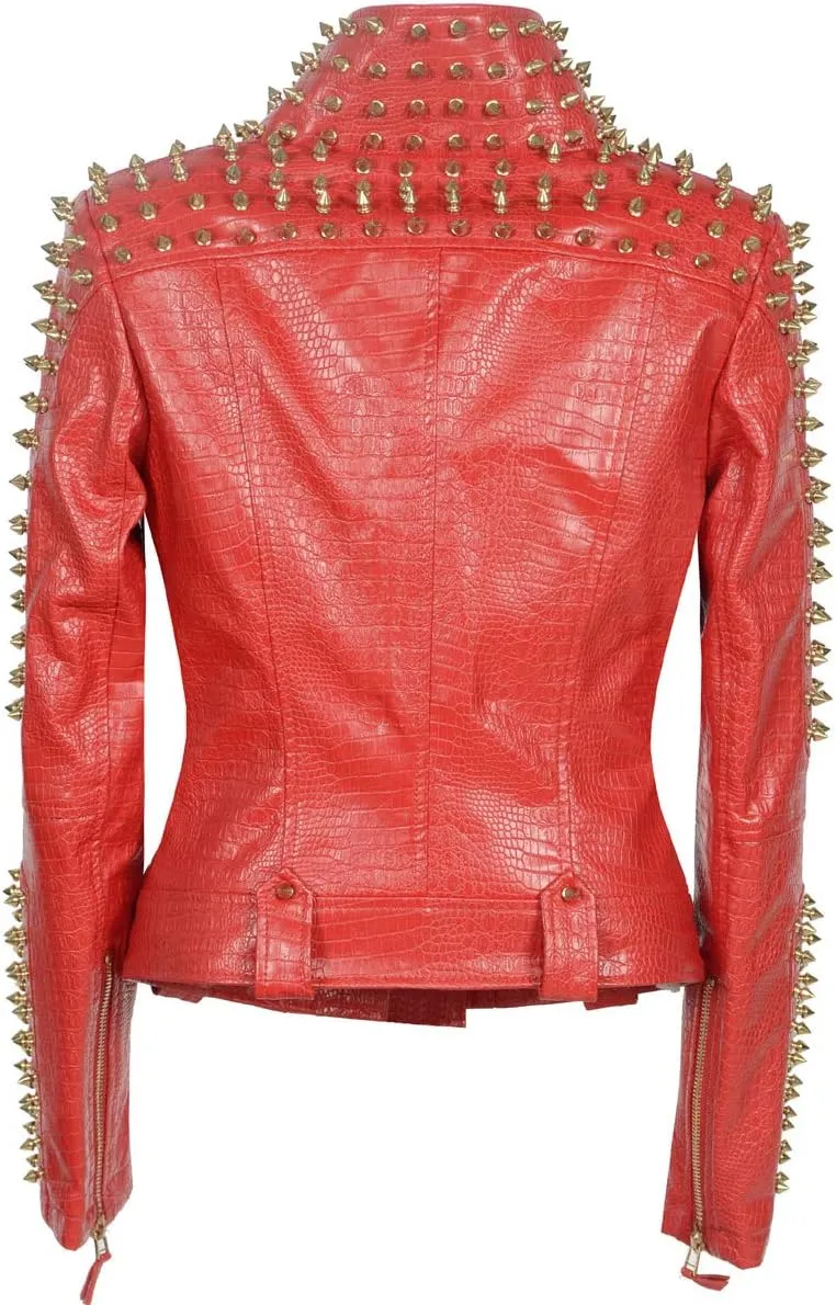 Fashion SX Women's Punk Studded Rivet Faux Leather Motorcycle Short Jacket