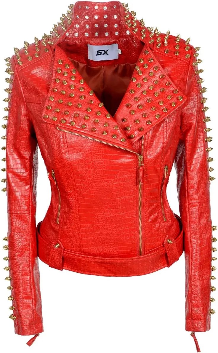 Fashion SX Women's Punk Studded Rivet Faux Leather Motorcycle Short Jacket
