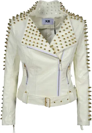 Fashion SX Women's Punk Studded Rivet Faux Leather Motorcycle Short Jacket