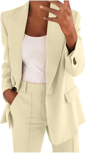 Firzero Women Plus Size 2 Piece Business Casual Outfits Long Sleeve Open Front Lapel Collar Blazer Pants Set Work Pant Suits