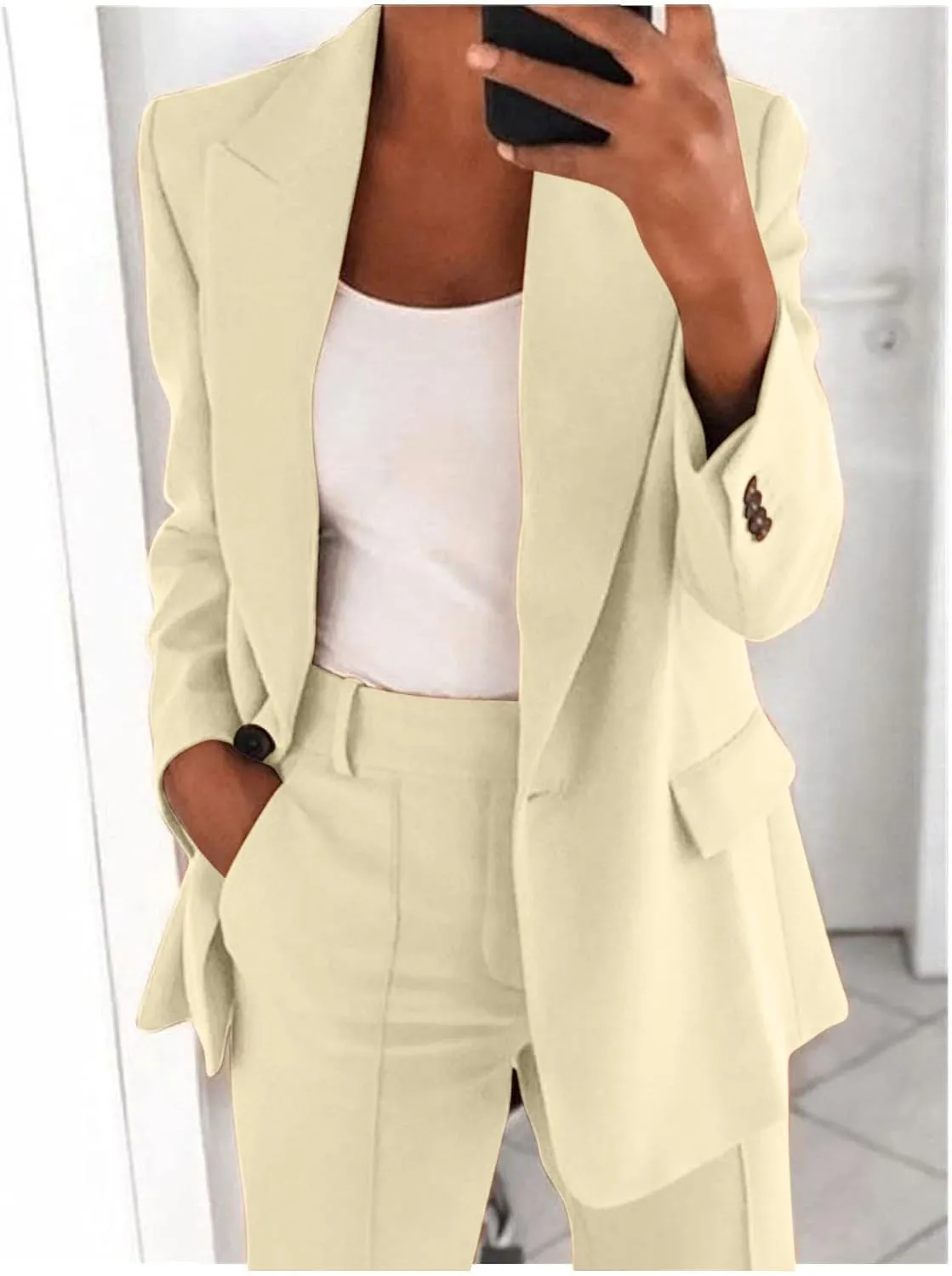 Firzero Women Plus Size 2 Piece Business Casual Outfits Long Sleeve Open Front Lapel Collar Blazer Pants Set Work Pant Suits