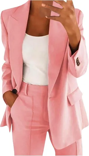 Firzero Women Plus Size 2 Piece Business Casual Outfits Long Sleeve Open Front Lapel Collar Blazer Pants Set Work Pant Suits