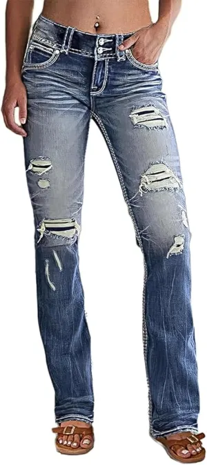 Flamingals Distressed Bootcut Jeans for Women Low Rise Jeans Ripped Flare Jeans Denim Pants