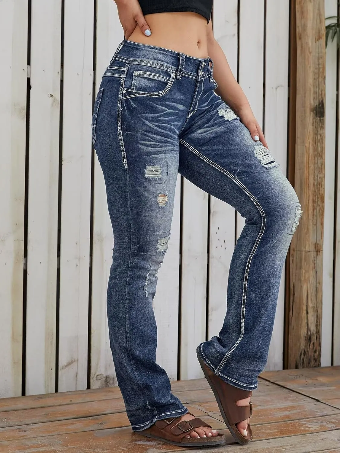 Flamingals Distressed Bootcut Jeans for Women Low Rise Jeans Ripped Flare Jeans Denim Pants
