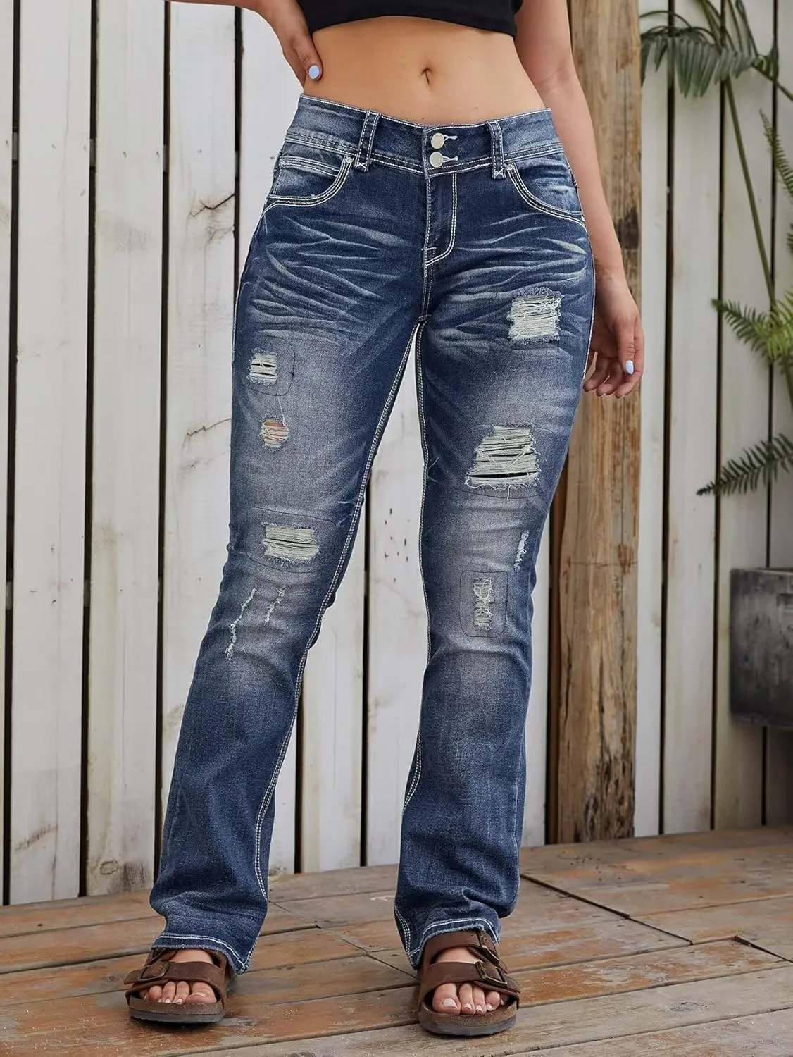 Flamingals Distressed Bootcut Jeans for Women Low Rise Jeans Ripped Flare Jeans Denim Pants