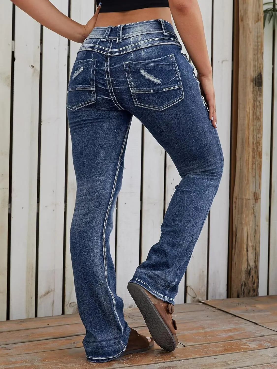 Flamingals Distressed Bootcut Jeans for Women Low Rise Jeans Ripped Flare Jeans Denim Pants