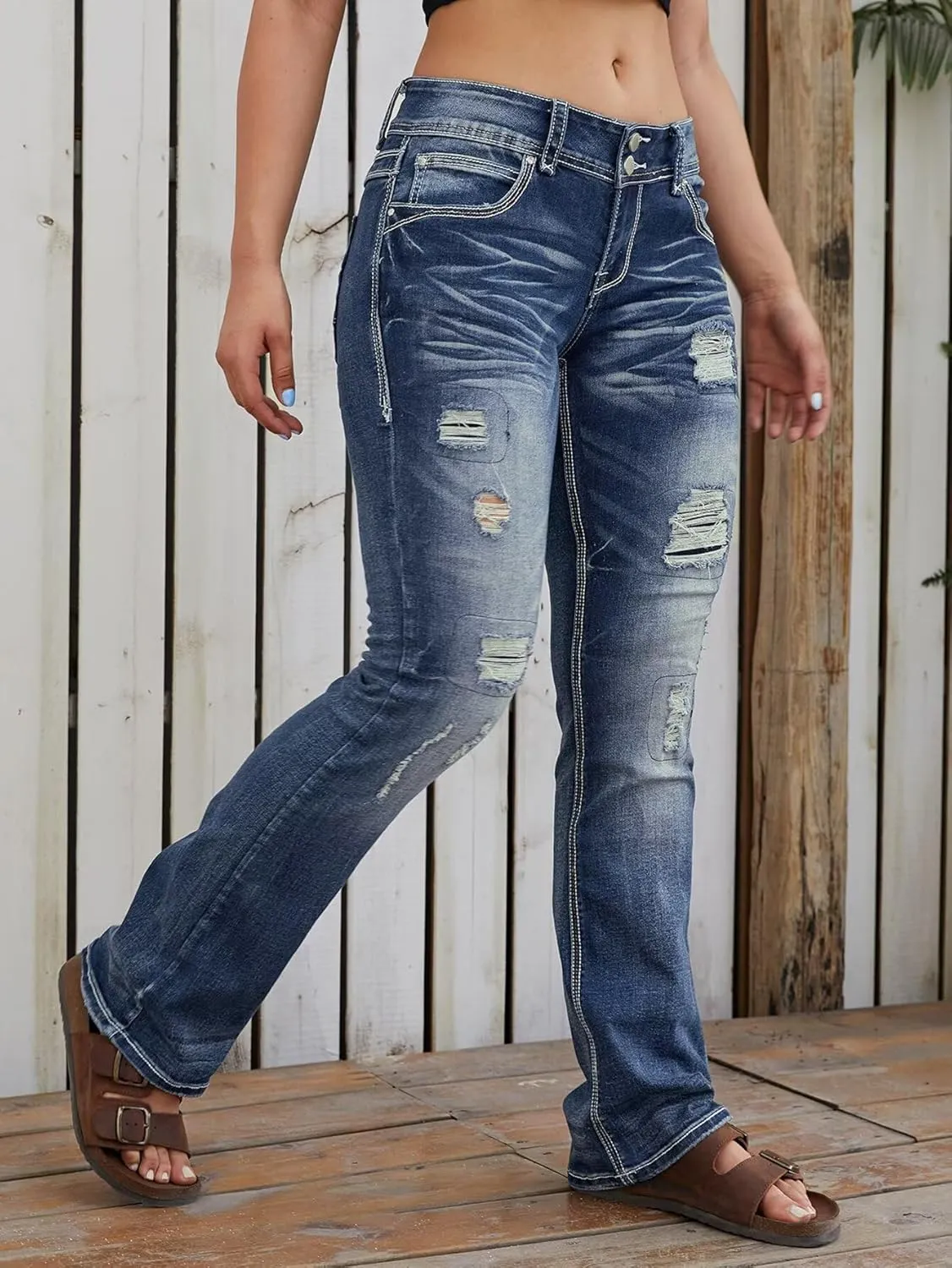 Flamingals Distressed Bootcut Jeans for Women Low Rise Jeans Ripped Flare Jeans Denim Pants