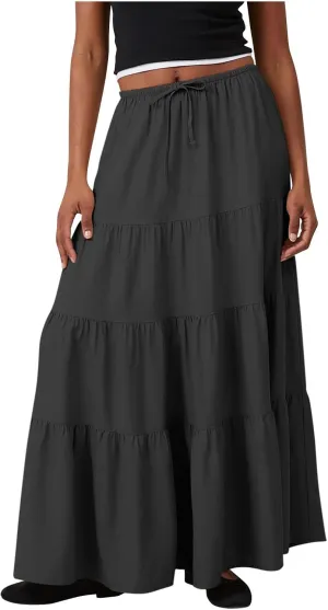 Flowy Pleated A Line Skirts for Women High Waisted Layered Tiered Maxi Skirt Elegant Summer Beach Boho Dress
