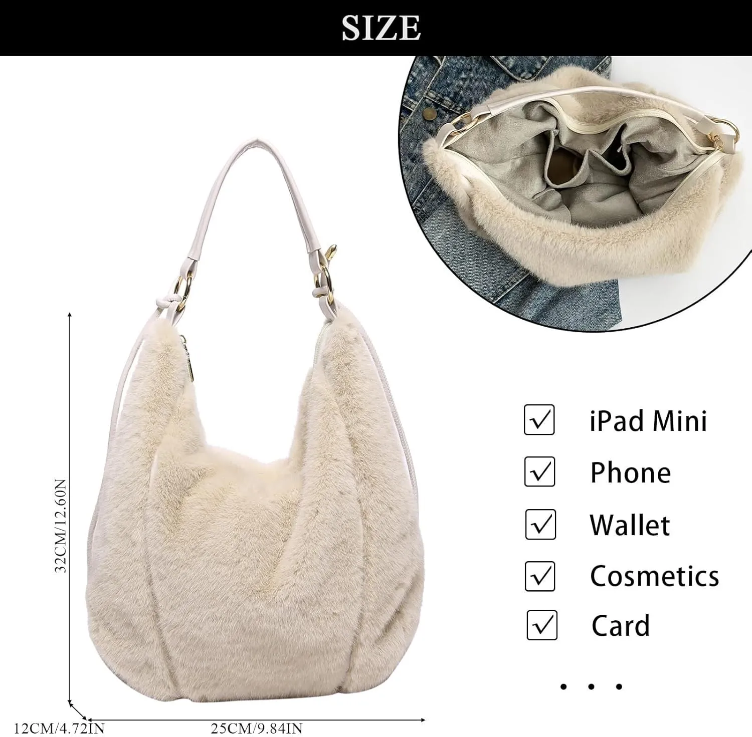 Fluffy Tote Bag, Winter Fuzzy Purses for Women Faux Fur Bag Soft Furry Shoulder Bag