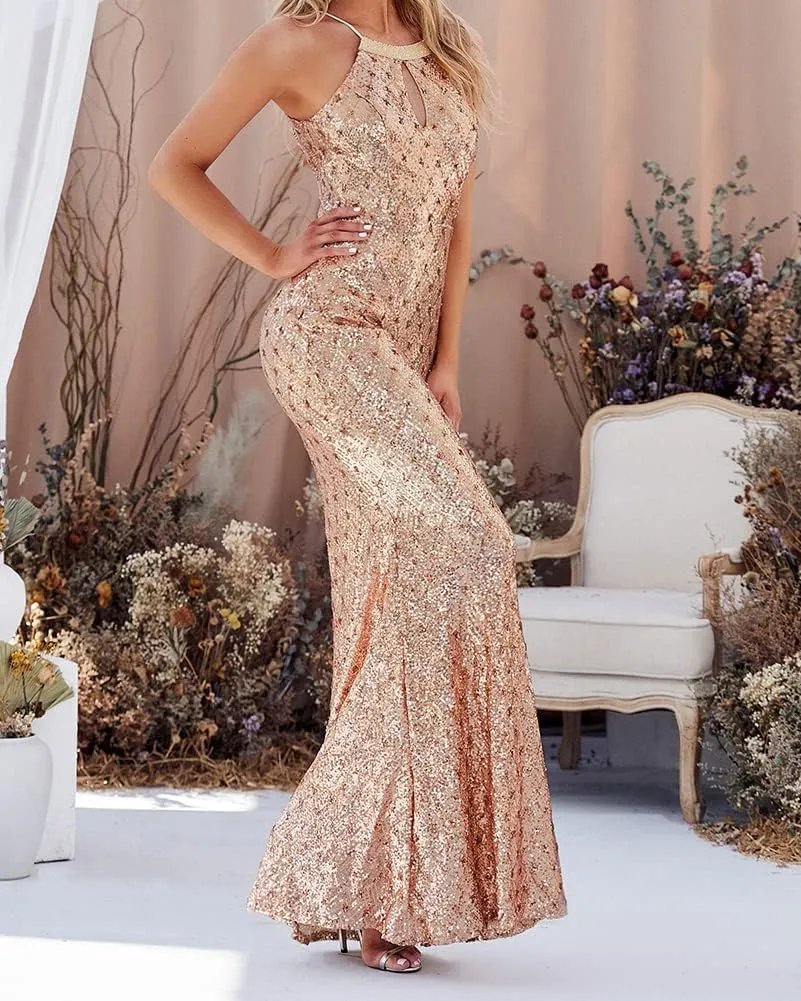 Formal Sequin Dress Sleeveless Halter Neck Mermaid Evening Party Club Prom Long Dresses Gowns with Beading Tassel