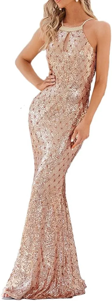Formal Sequin Dress Sleeveless Halter Neck Mermaid Evening Party Club Prom Long Dresses Gowns with Beading Tassel