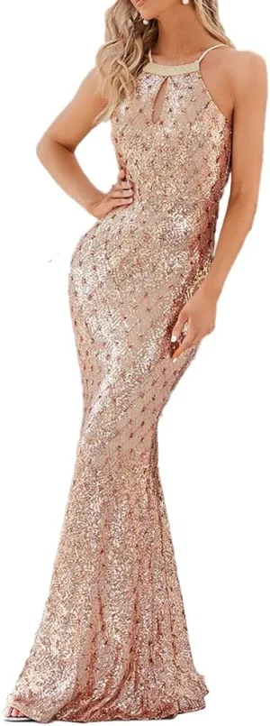 Formal Sequin Dress Sleeveless Halter Neck Mermaid Evening Party Club Prom Long Dresses Gowns with Beading Tassel