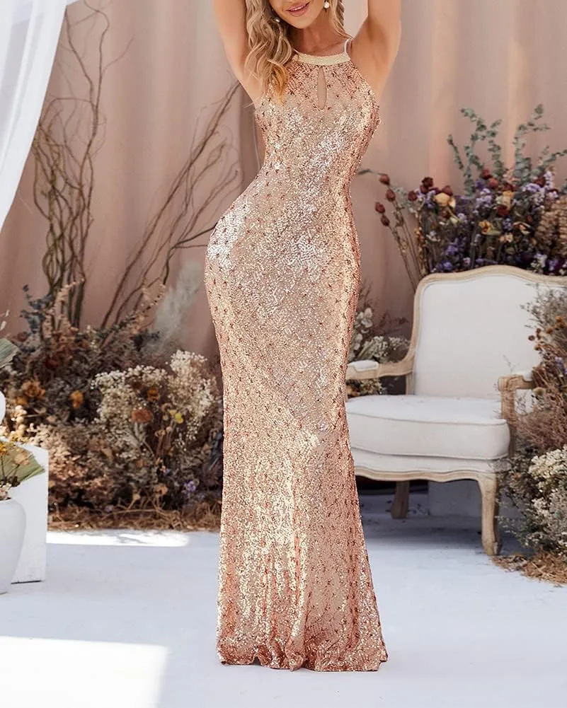 Formal Sequin Dress Sleeveless Halter Neck Mermaid Evening Party Club Prom Long Dresses Gowns with Beading Tassel