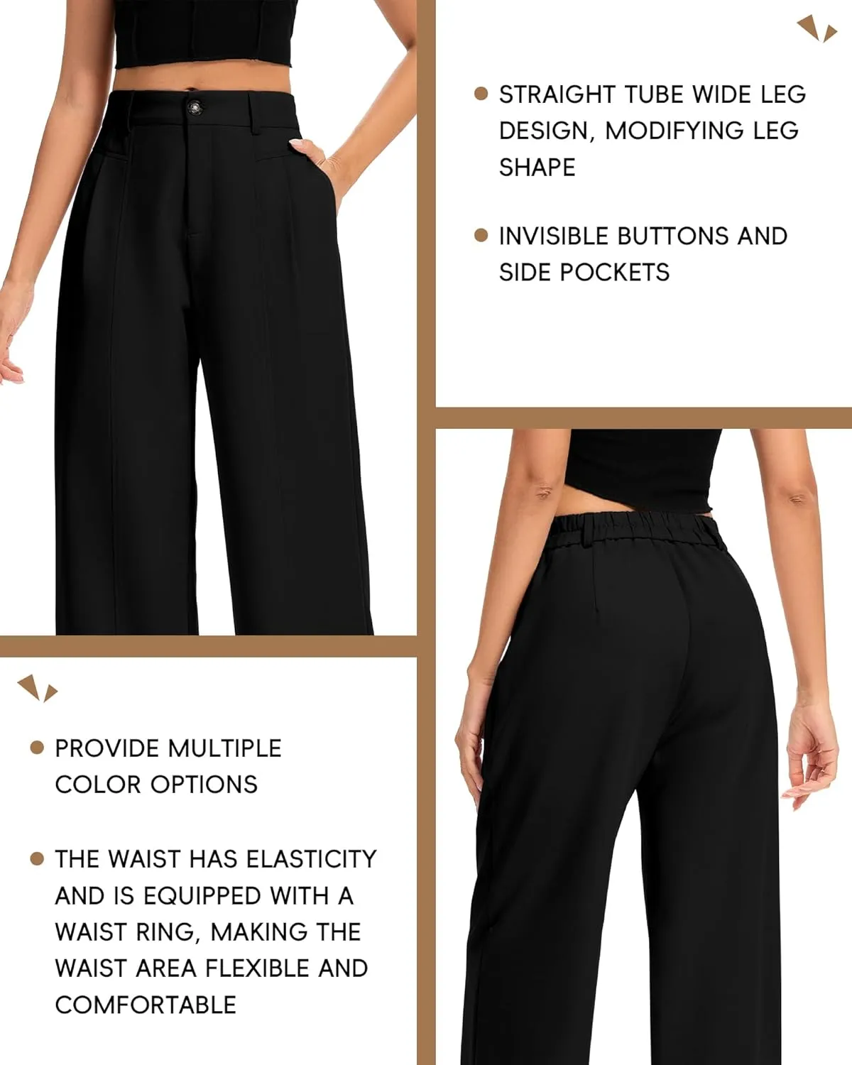 FUNYYZO Women's Long Casual Pants High Waisted Work Pants Dressy Wide Leg Elastic Waist Trousers Pants