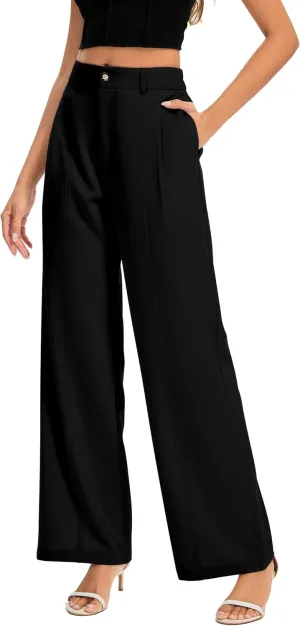 FUNYYZO Women's Long Casual Pants High Waisted Work Pants Dressy Wide Leg Elastic Waist Trousers Pants