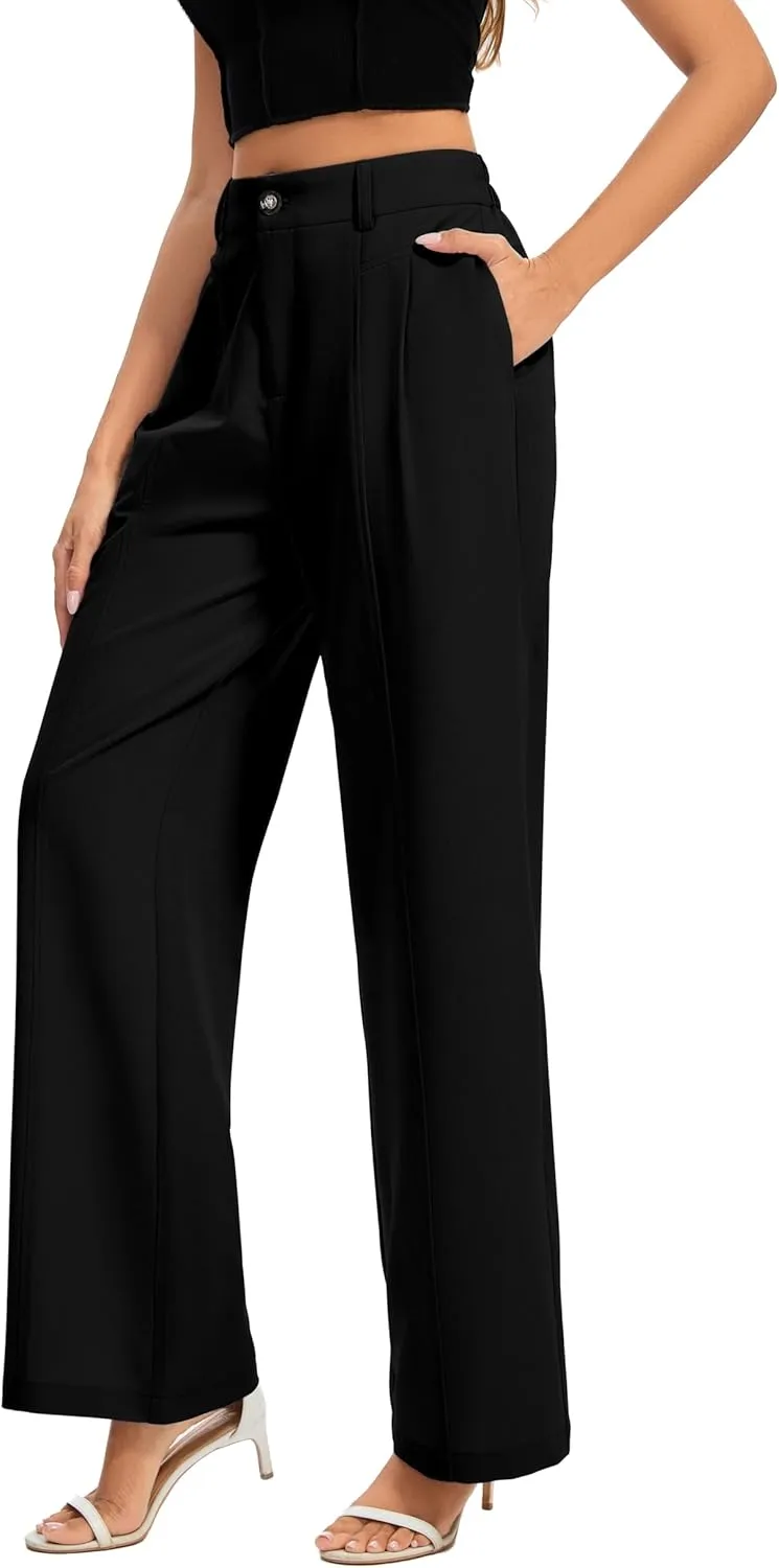 FUNYYZO Women's Long Casual Pants High Waisted Work Pants Dressy Wide Leg Elastic Waist Trousers Pants