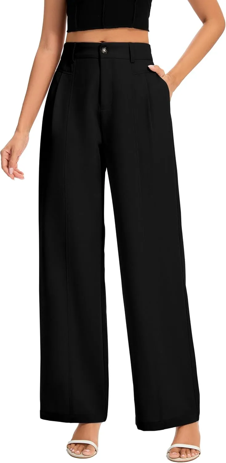 FUNYYZO Women's Long Casual Pants High Waisted Work Pants Dressy Wide Leg Elastic Waist Trousers Pants
