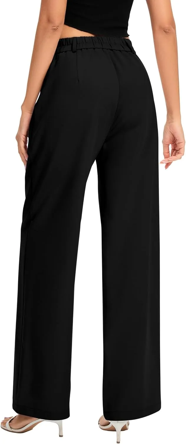 FUNYYZO Women's Long Casual Pants High Waisted Work Pants Dressy Wide Leg Elastic Waist Trousers Pants