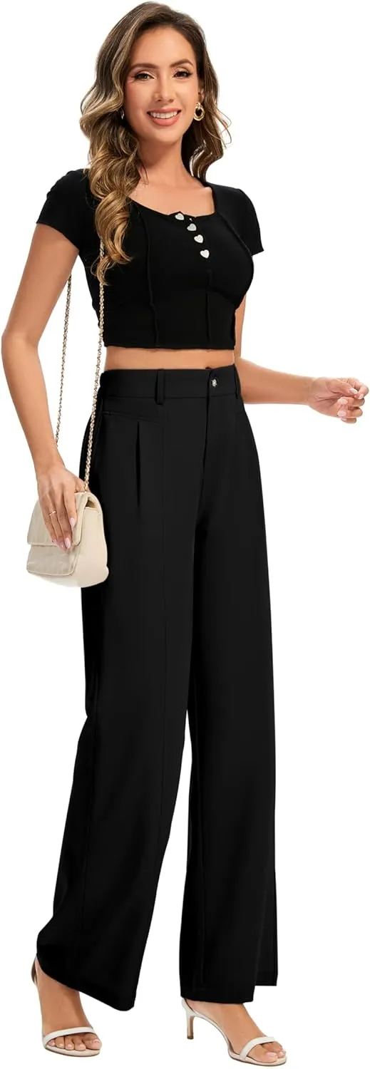 FUNYYZO Women's Long Casual Pants High Waisted Work Pants Dressy Wide Leg Elastic Waist Trousers Pants