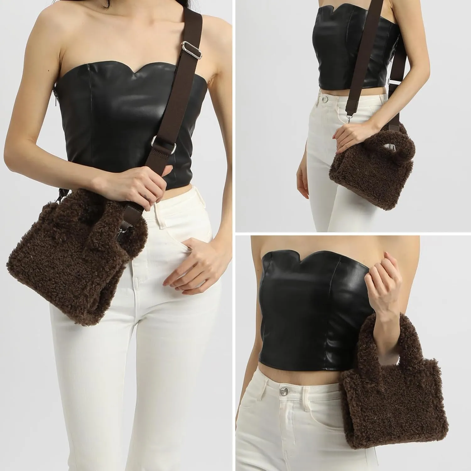Furry Tote Bag Cute Mini Faux Fur Bag Winter Lambswool Fuzzy Purses and Handbags for Women