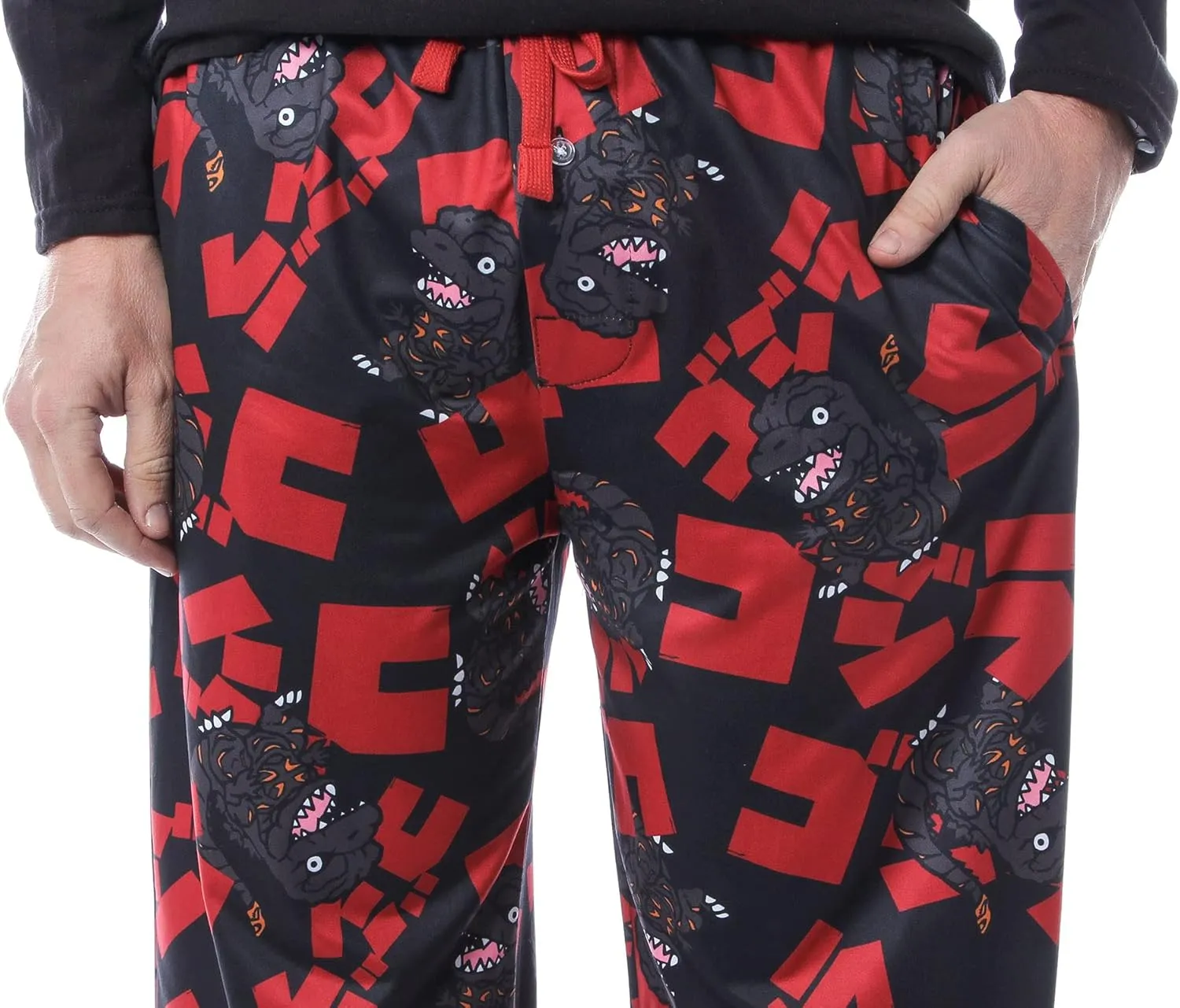 Godzilla Men's Character And Japanese Script Allover Pattern Adult Lounge Sleep Pajama Pants
