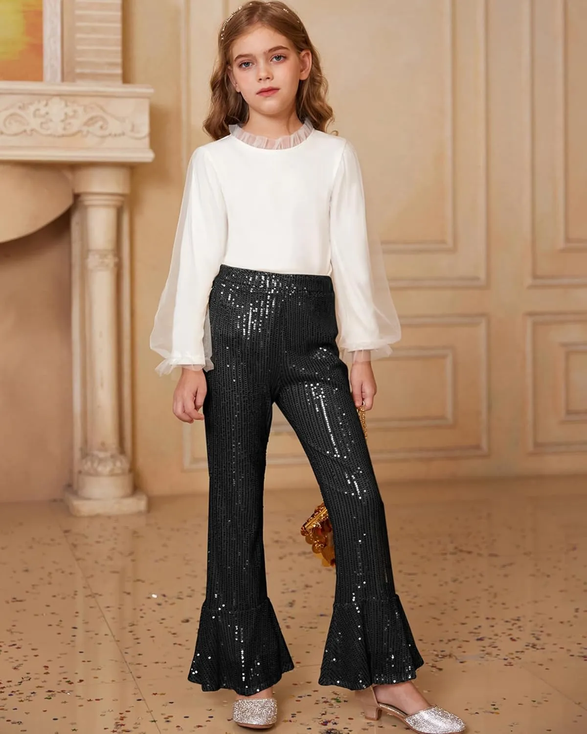 GRACE KARIN Girls Sequin Pants Sparke Trouser Glitter Dance Bell Bottoms 5-14
