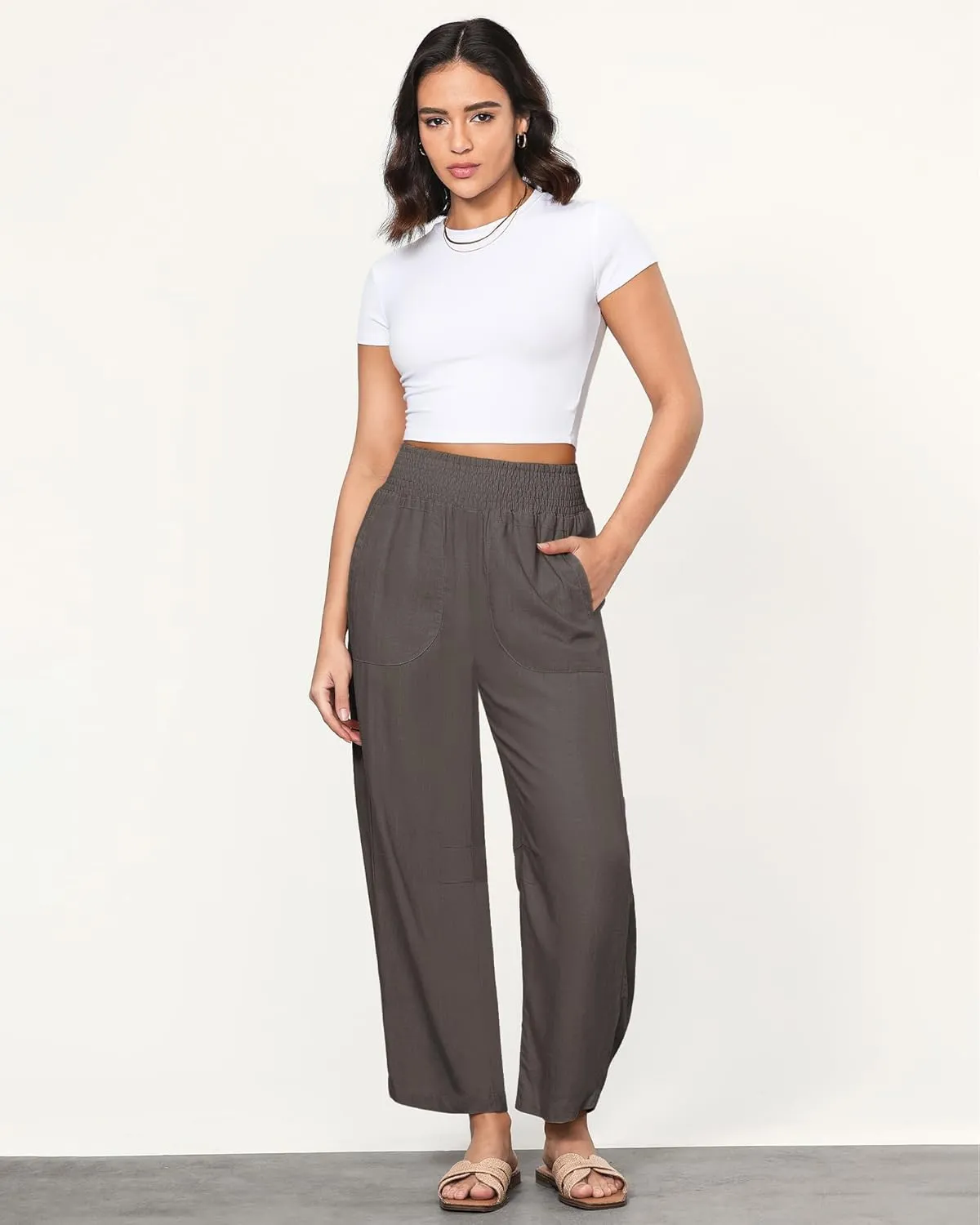 GRAPENT Linen Pants Women Wide Leg High Waisted Cropped Barrel Pull On Smocked Elastic Waist Summer Pants with Pockets