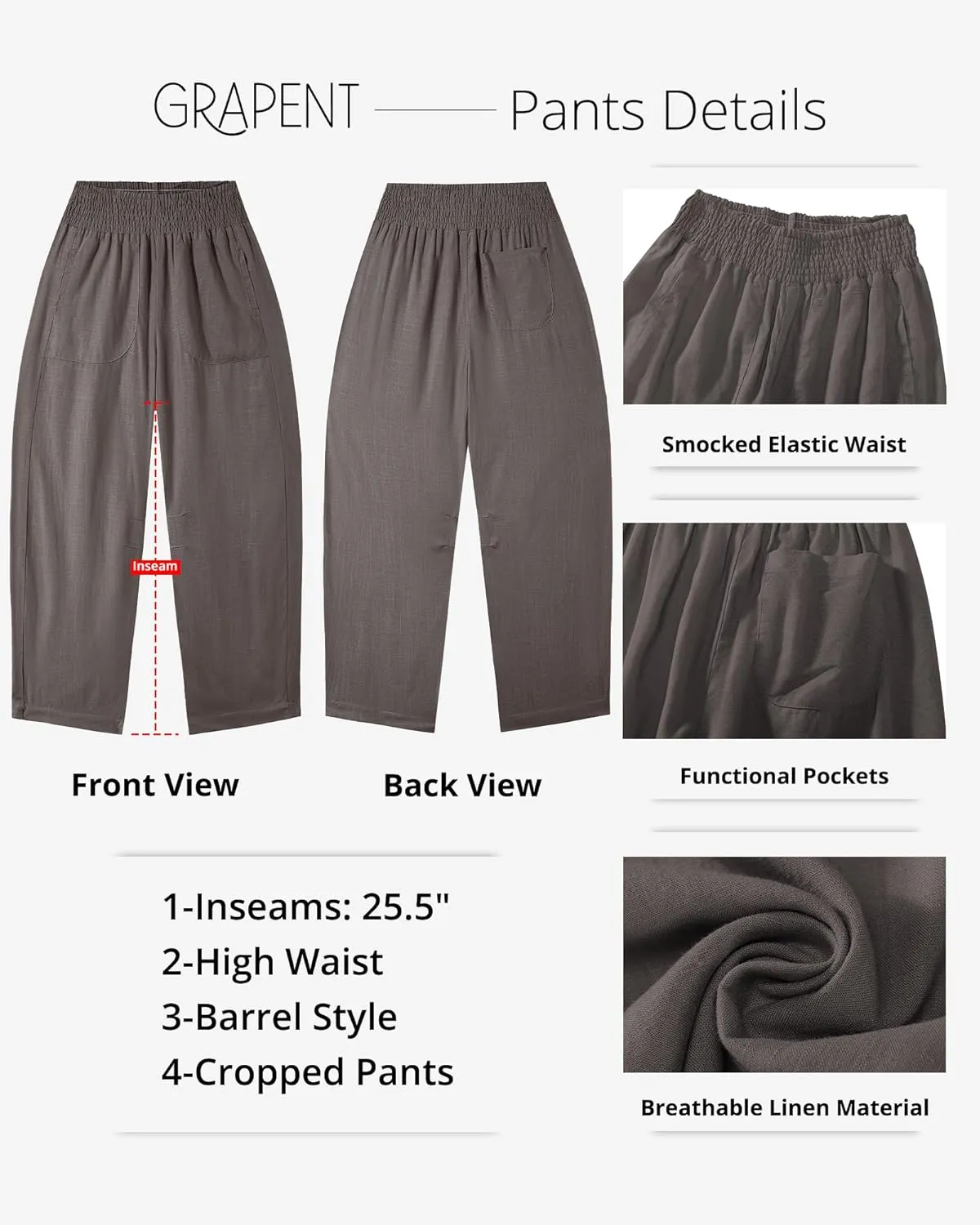 GRAPENT Linen Pants Women Wide Leg High Waisted Cropped Barrel Pull On Smocked Elastic Waist Summer Pants with Pockets