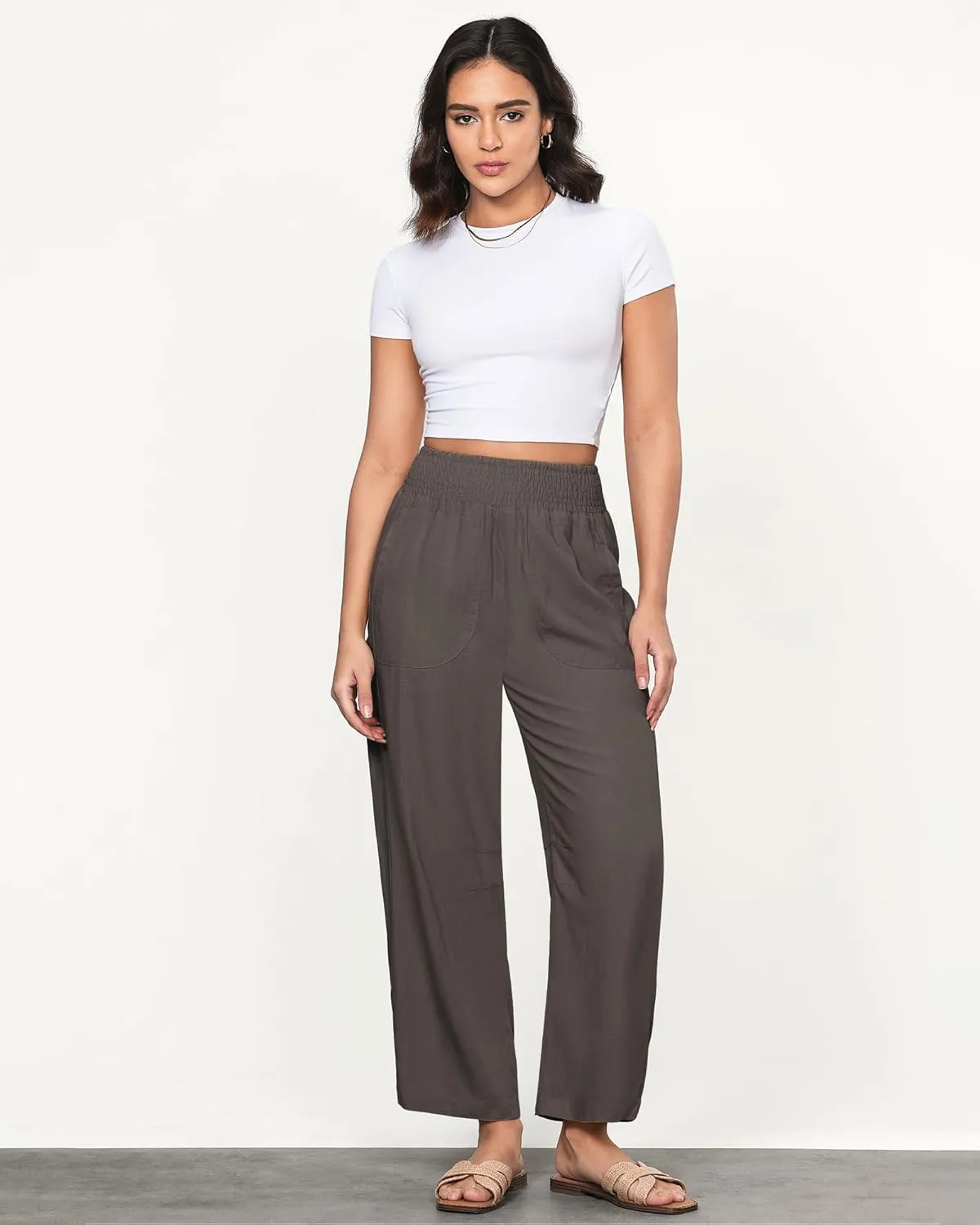 GRAPENT Linen Pants Women Wide Leg High Waisted Cropped Barrel Pull On Smocked Elastic Waist Summer Pants with Pockets