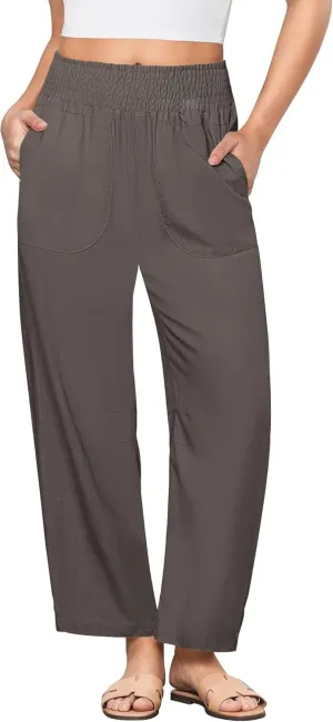 GRAPENT Linen Pants Women Wide Leg High Waisted Cropped Barrel Pull On Smocked Elastic Waist Summer Pants with Pockets