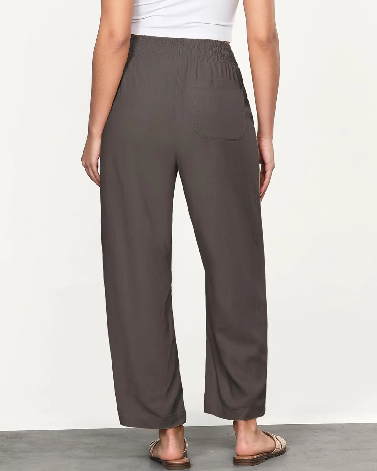 GRAPENT Linen Pants Women Wide Leg High Waisted Cropped Barrel Pull On Smocked Elastic Waist Summer Pants with Pockets