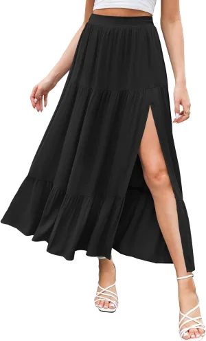 HAEOF Women's 2025 Summer Boho Flowy Maxi Skirt Trendy Slit Elastic High Waist A Line Beach Long Skirts with Pockets