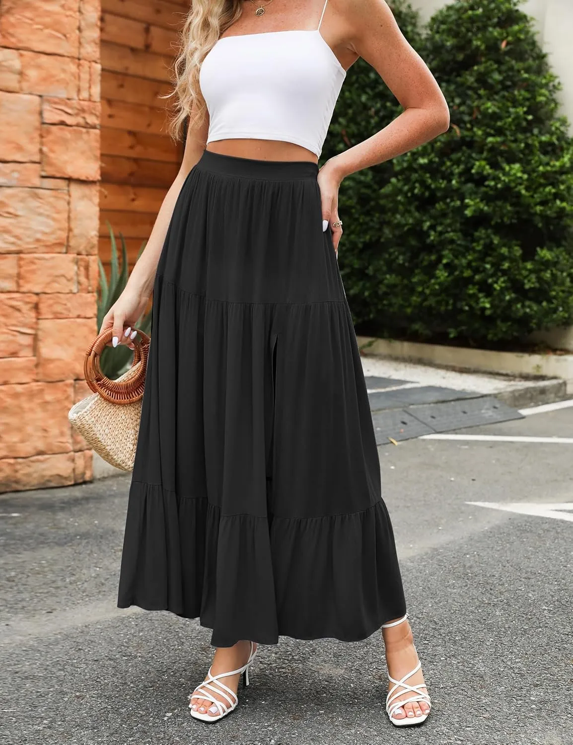 HAEOF Women's 2025 Summer Boho Flowy Maxi Skirt Trendy Slit Elastic High Waist A Line Beach Long Skirts with Pockets