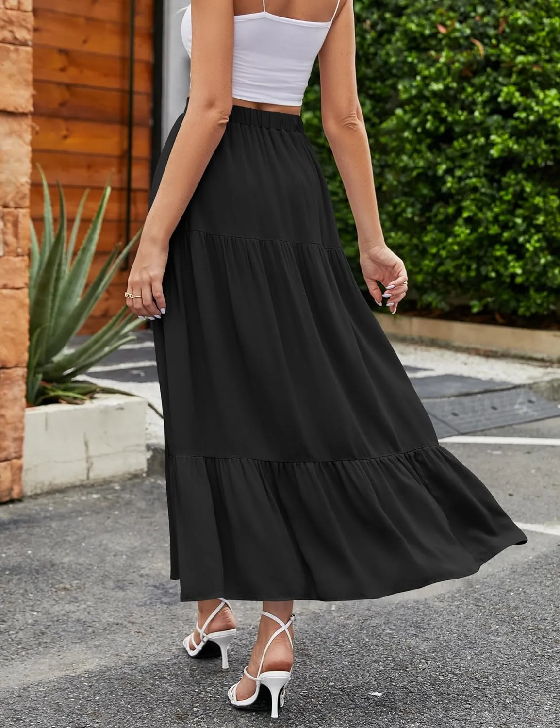 HAEOF Women's 2025 Summer Boho Flowy Maxi Skirt Trendy Slit Elastic High Waist A Line Beach Long Skirts with Pockets