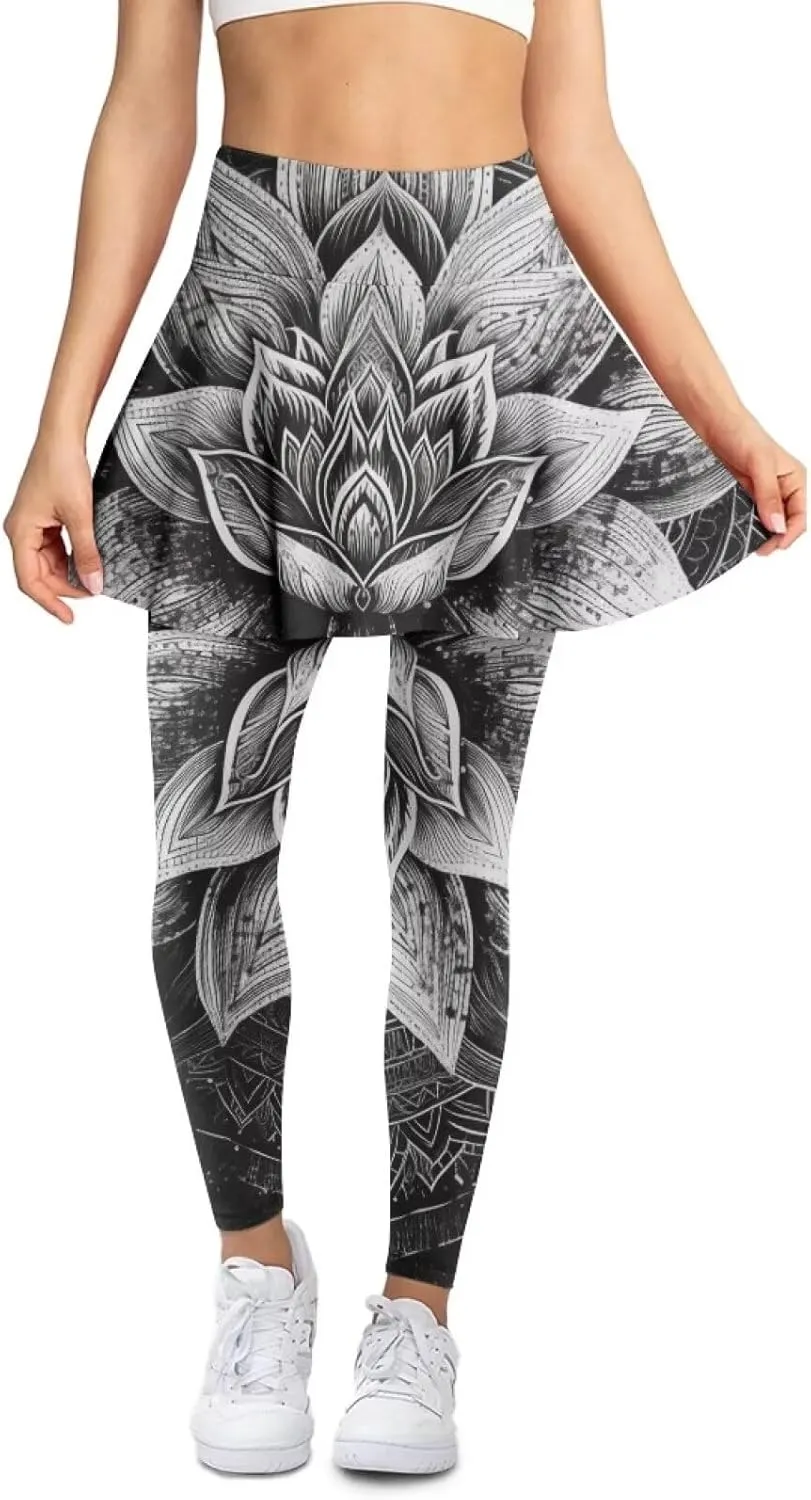 Hand Drawings Womens Skirt Leggings Lotus Flower Skirts Pants Running Tiger Painting Slim Trousers with Skirt